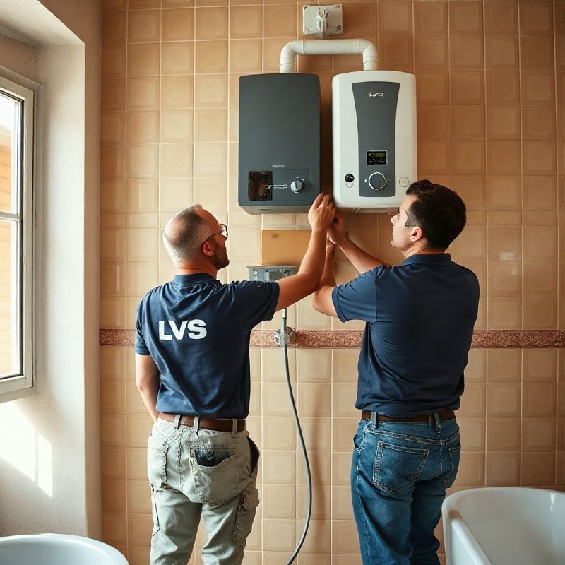 Due tecnici di Officina Bianchi che installano uno scaldabagno a parete in un bagno a Lecce